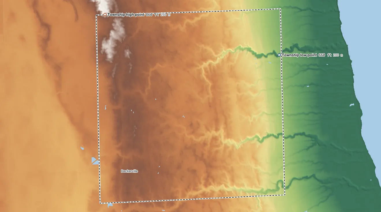 Topographic elevation map of Marion Township, Sanilac County, Michigan, shaded from 660 ft on the northeast side to 860 ft on the north side