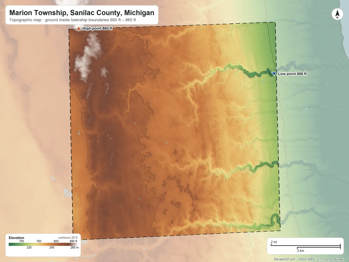 Topographic elevation map of Marion Township, Sanilac County, Michigan, shaded from 660 ft on the northeast side to 860 ft on the north side