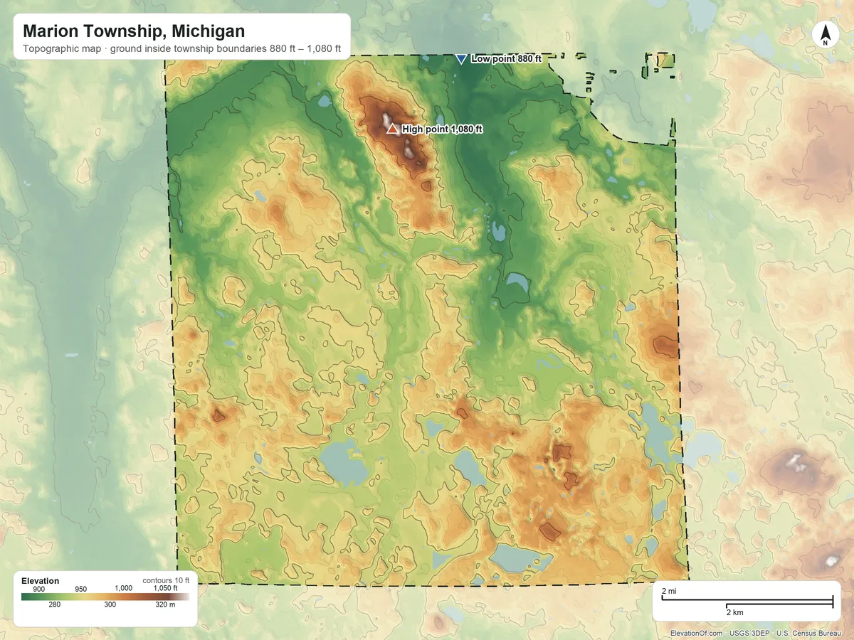 Topographic elevation map of Marion Township, Michigan, shaded from 880 ft on the north side to 1,080 ft on the northwest side