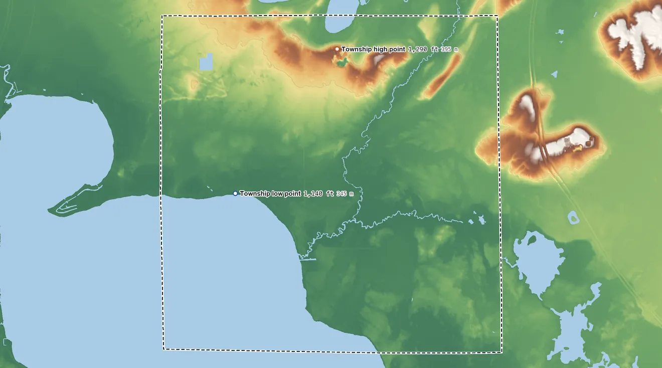 Topographic elevation map of Markey Township, Michigan, shaded from 1,140 ft on the southwest side to 1,290 ft on the north side