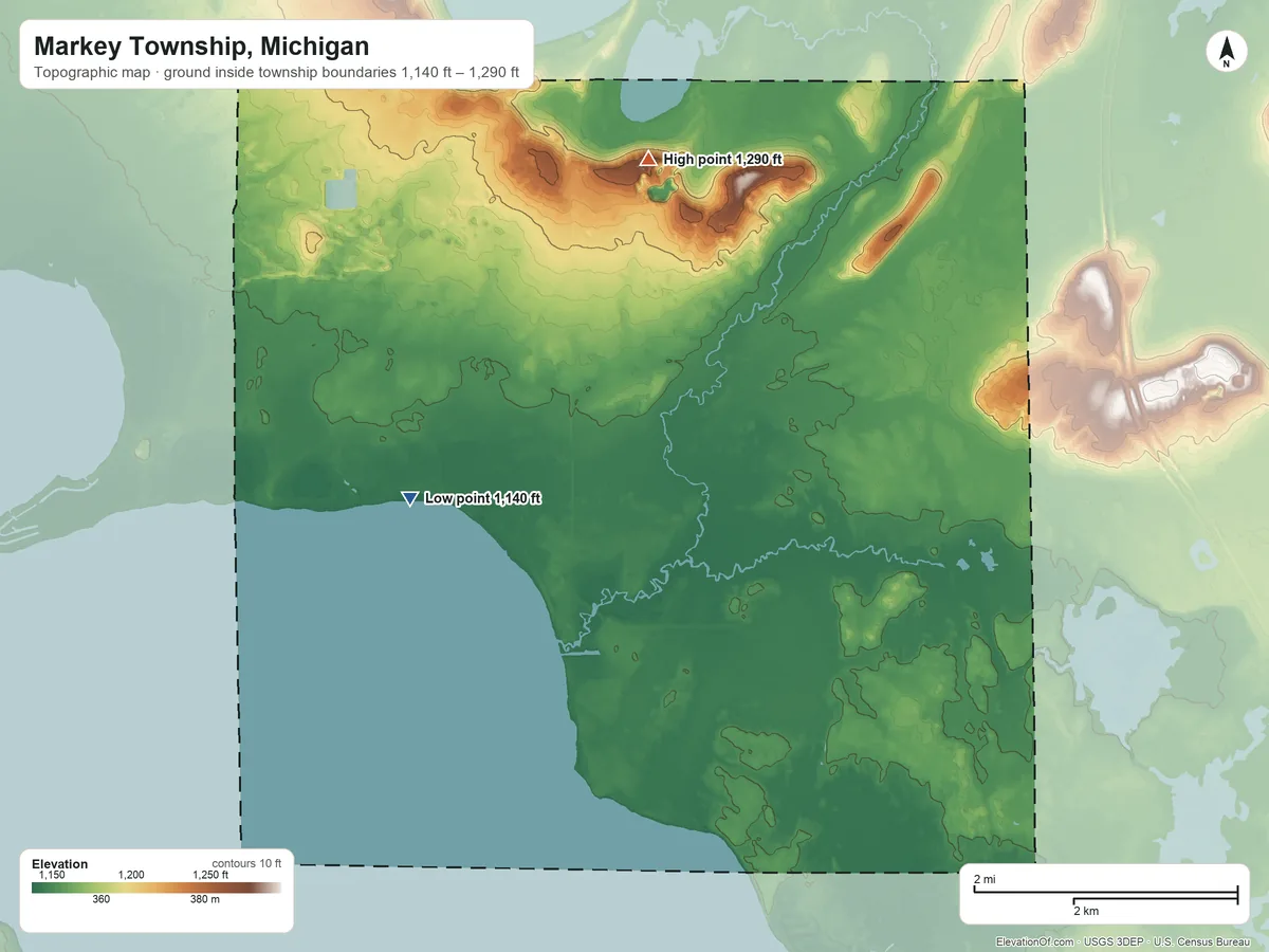 Topographic elevation map of Markey Township, Michigan, shaded from 1,140 ft on the southwest side to 1,290 ft on the north side
