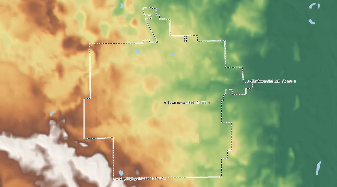 Topographic elevation map of Marlette, Michigan, shaded from 810 ft on the east side to 880 ft on the southwest side