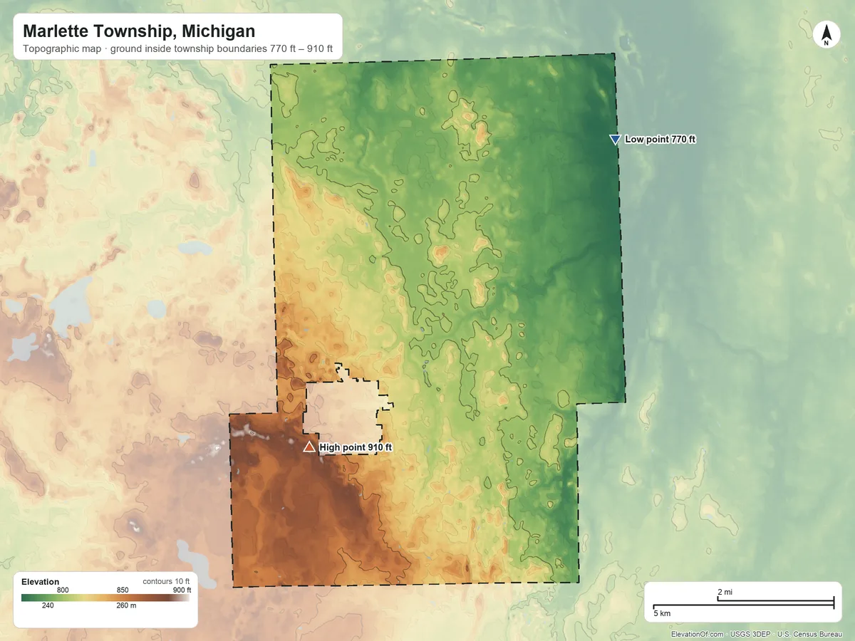 Topographic elevation map of Marlette Township, Michigan, shaded from 770 ft on the northeast side to 910 ft on the southwest side