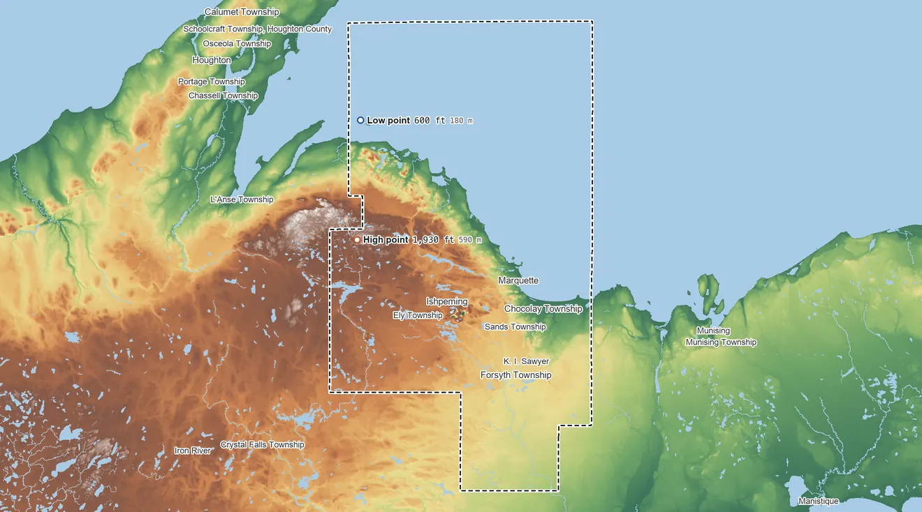 Topographic elevation map of Marquette County, Michigan, shaded from 600 ft on the northwest side to 1,930 ft on the west side