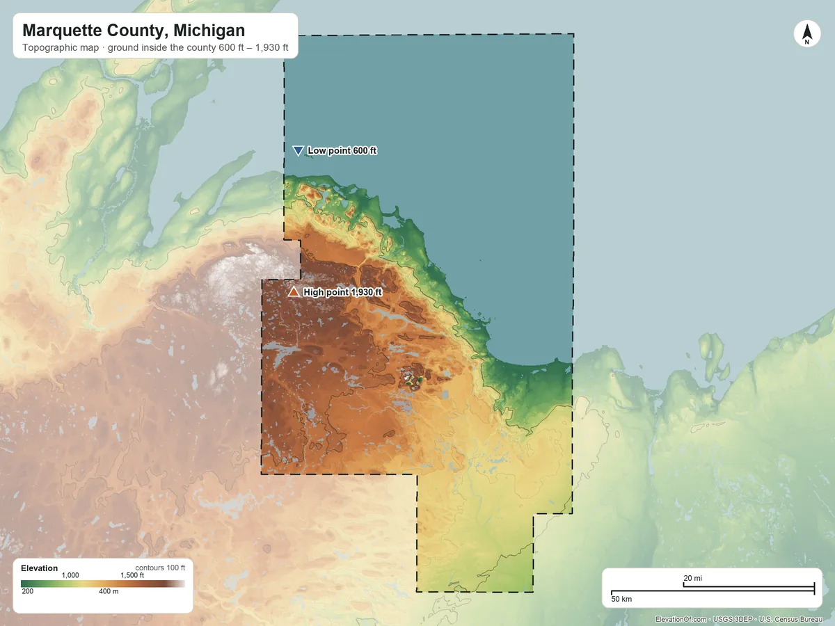 Topographic elevation map of Marquette County, Michigan, shaded from 600 ft on the northwest side to 1,930 ft on the west side
