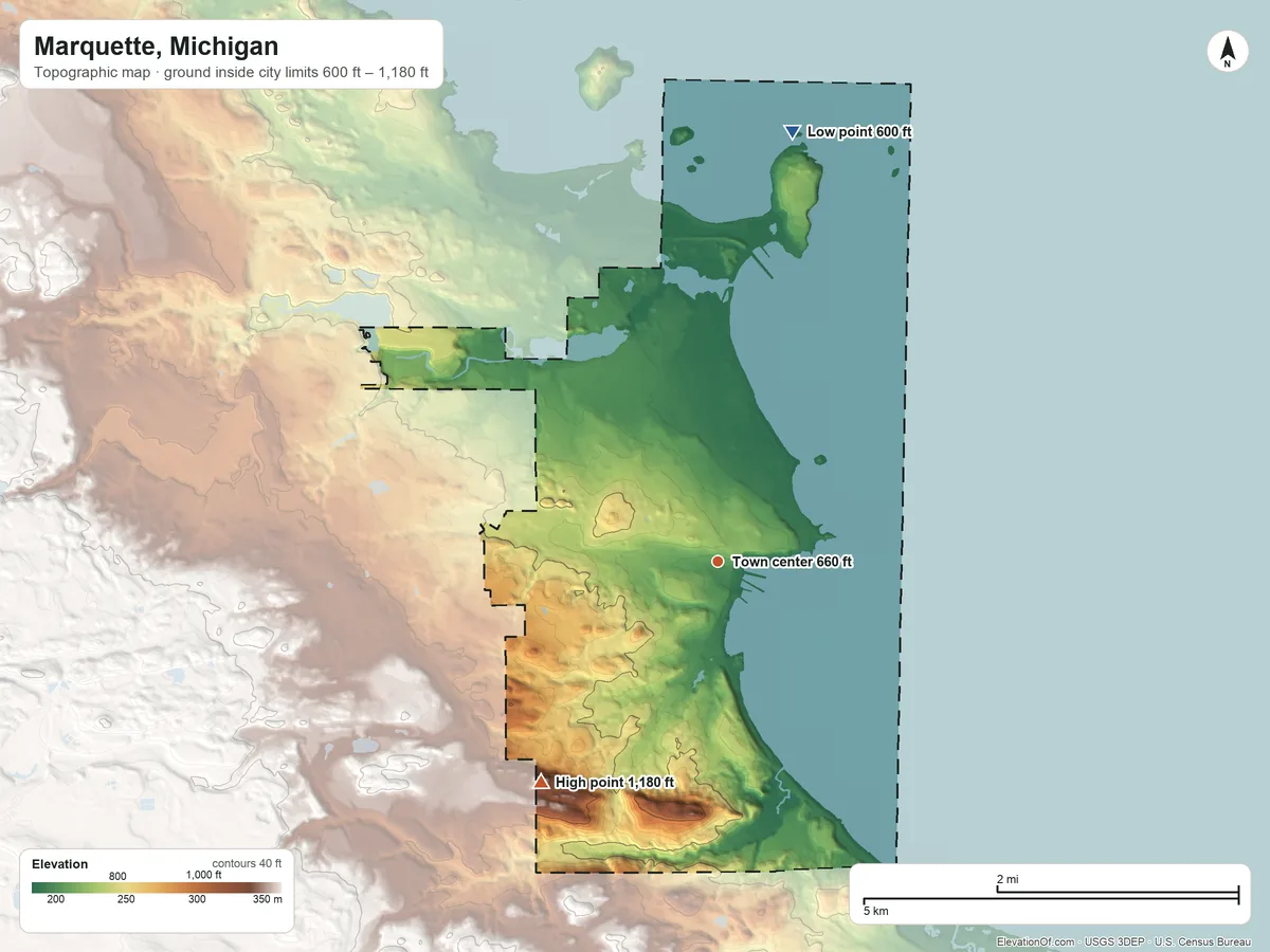 Topographic elevation map of Marquette, Michigan, shaded from 600 ft on the north side to 1,180 ft on the southwest side