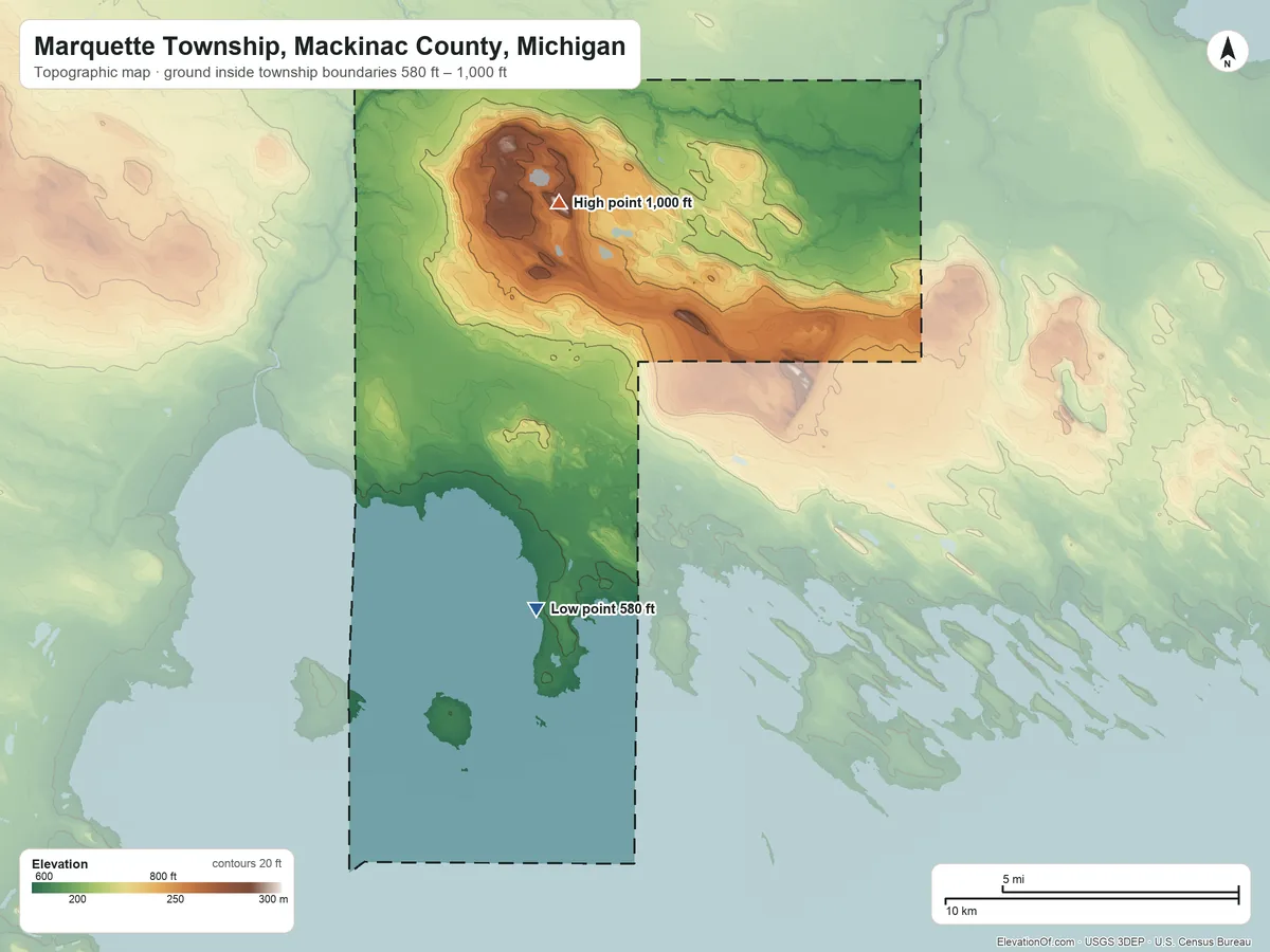 Topographic elevation map of Marquette Township, Mackinac County, Michigan, shaded from 580 ft on the southwest side to 1,000 ft on the northwest side