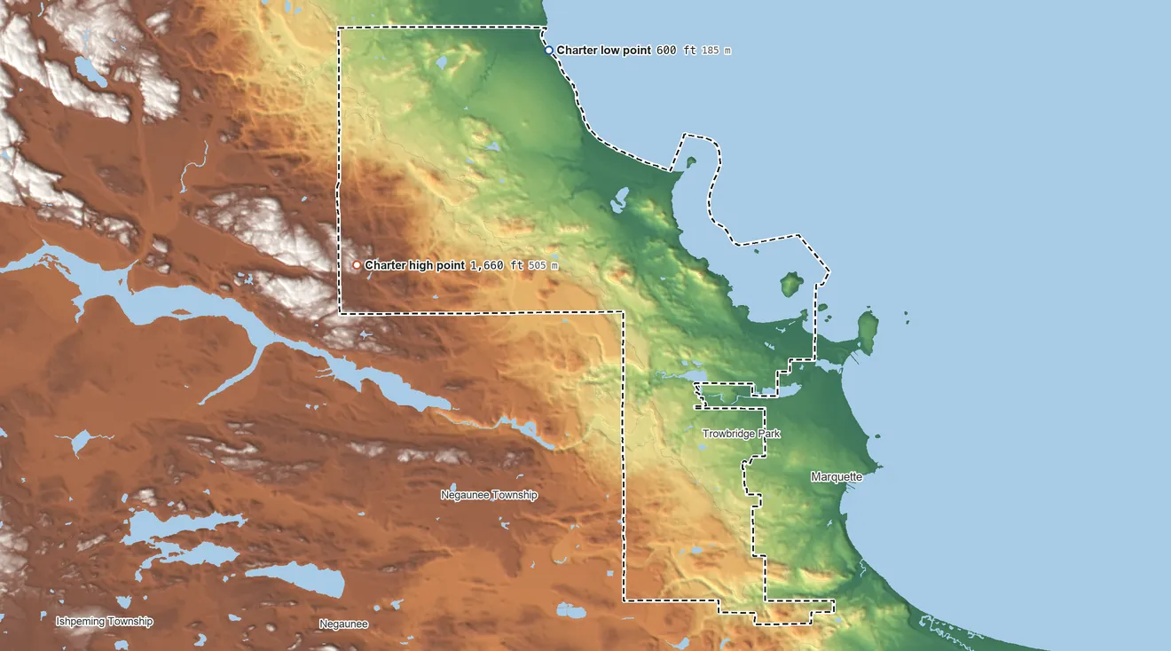 Topographic elevation map of Marquette Township, Michigan, shaded from 600 ft on the northwest side to 1,660 ft on the northwest side