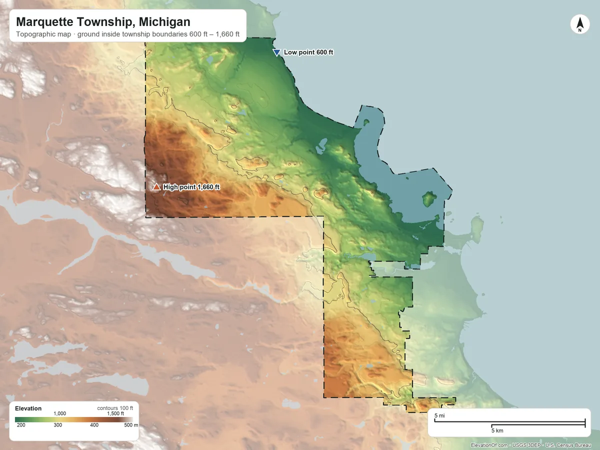 Topographic elevation map of Marquette Township, Michigan, shaded from 600 ft on the northwest side to 1,660 ft on the northwest side