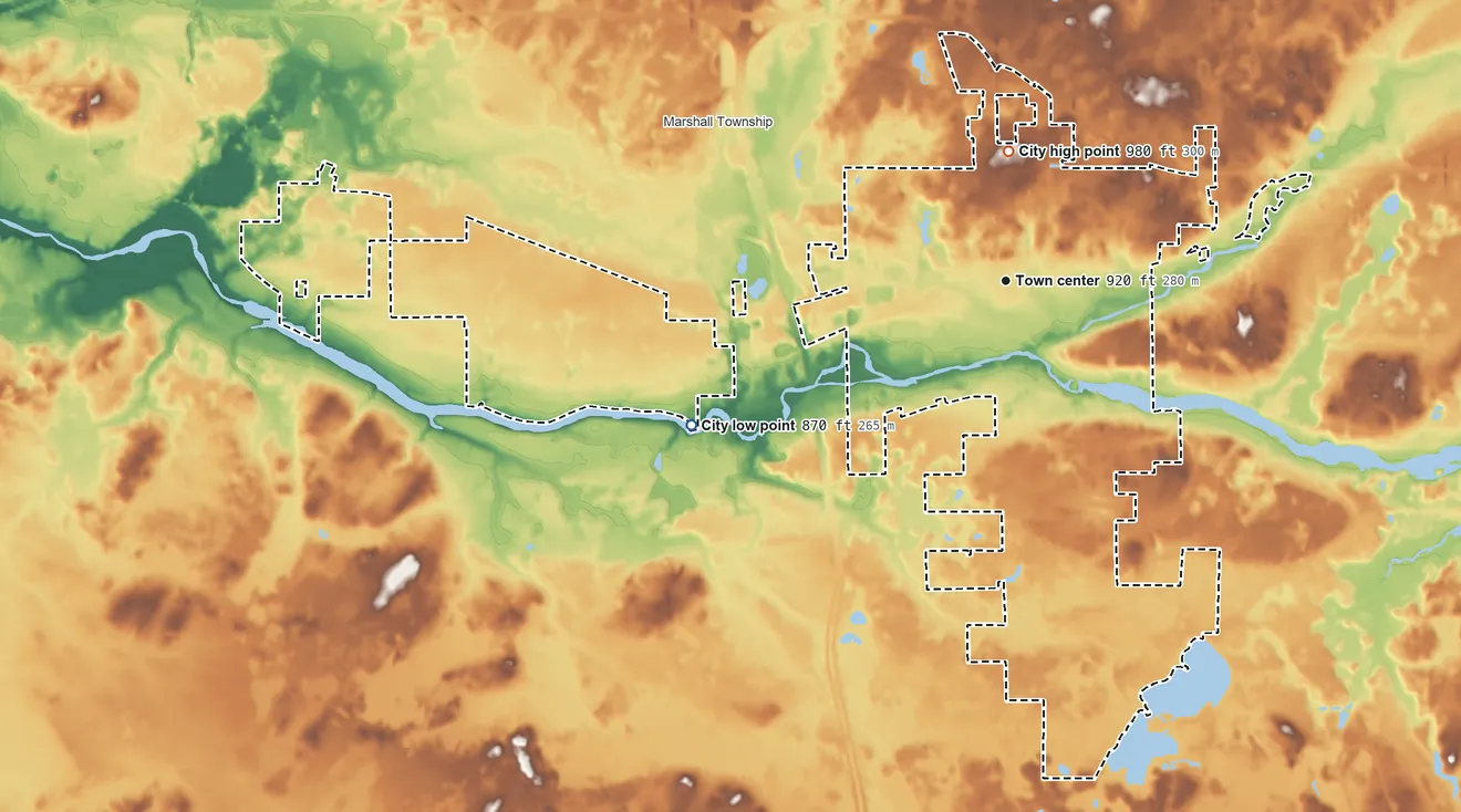 Topographic elevation map of Marshall, Michigan, shaded from 870 ft on the southwest side to 980 ft on the north side