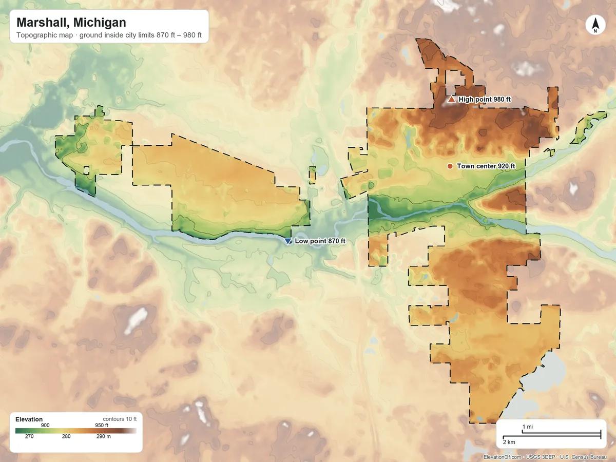Topographic elevation map of Marshall, Michigan, shaded from 870 ft on the southwest side to 980 ft on the north side