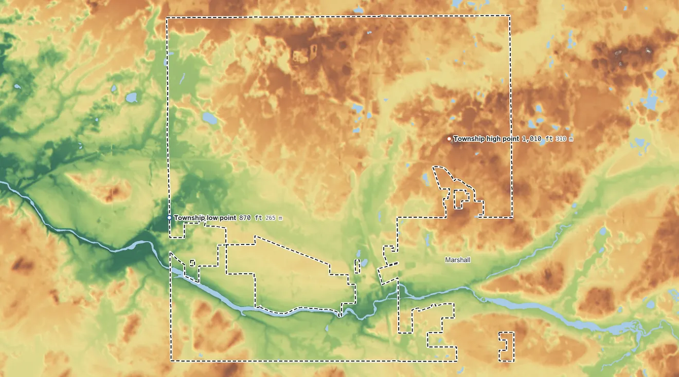 Topographic elevation map of Marshall Township, Michigan, shaded from 870 ft on the west side to 1,010 ft on the northeast side