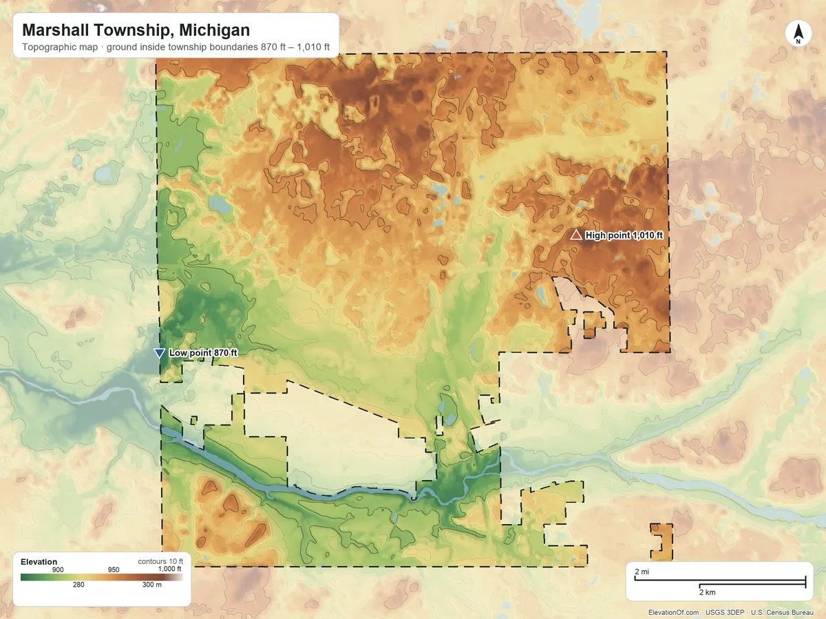 Topographic elevation map of Marshall Township, Michigan, shaded from 870 ft on the west side to 1,010 ft on the northeast side