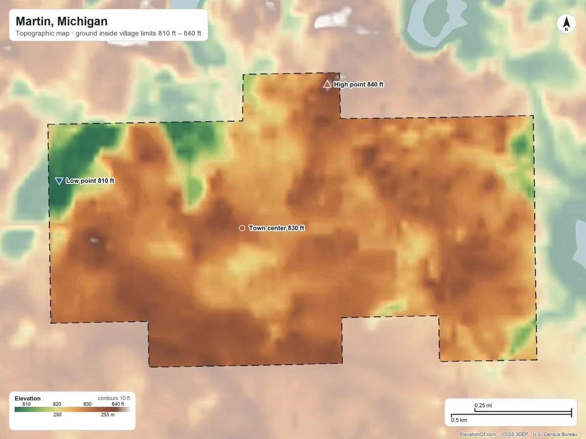 Topographic elevation map of Martin, Michigan, shaded from 810 ft on the west side to 840 ft on the northeast side