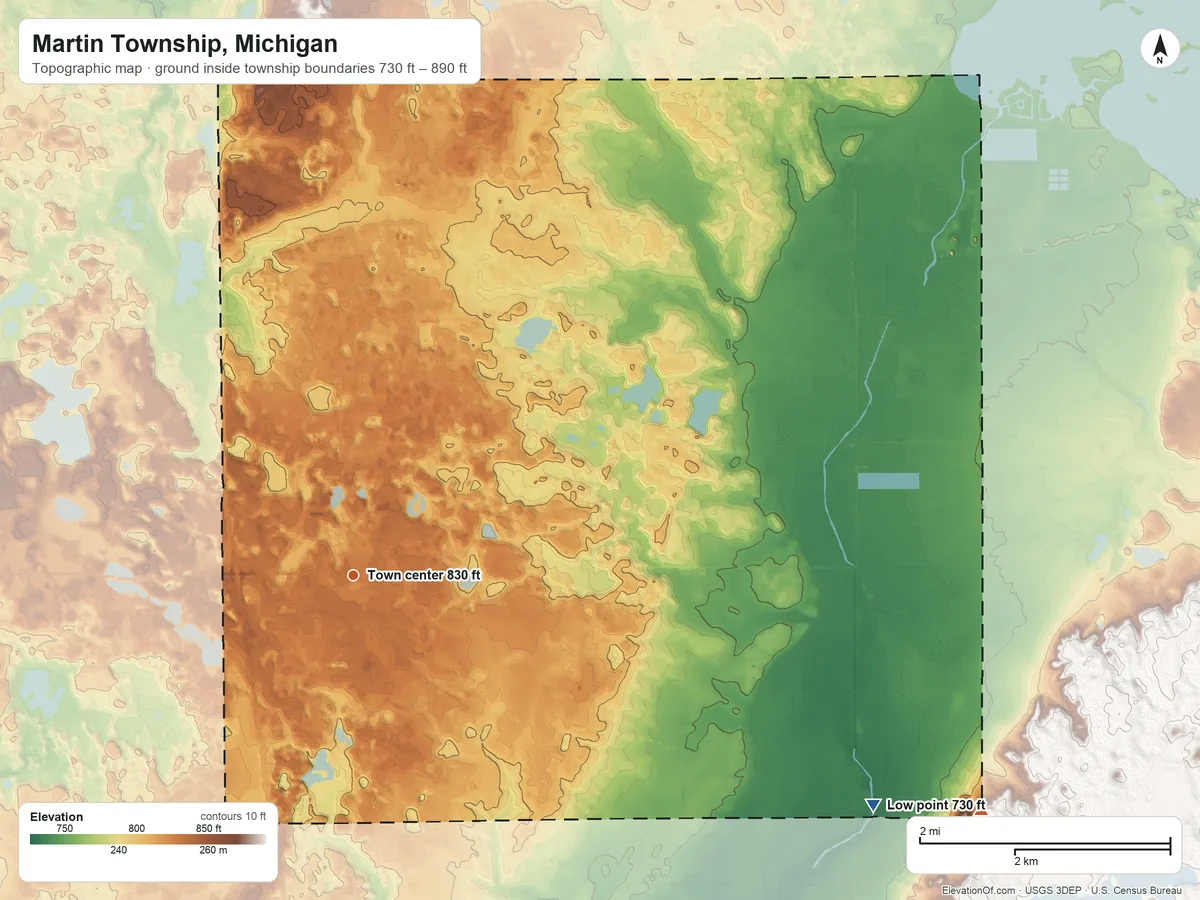 Topographic elevation map of Martin Township, Michigan, shaded from 730 ft on the southeast side to 890 ft on the east side