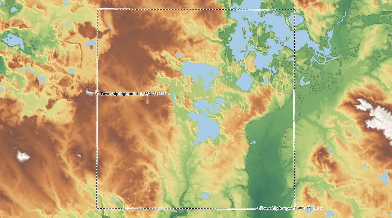 Topographic elevation map of Martiny Township, Michigan, shaded from 980 ft on the southeast side to 1,130 ft on the west side