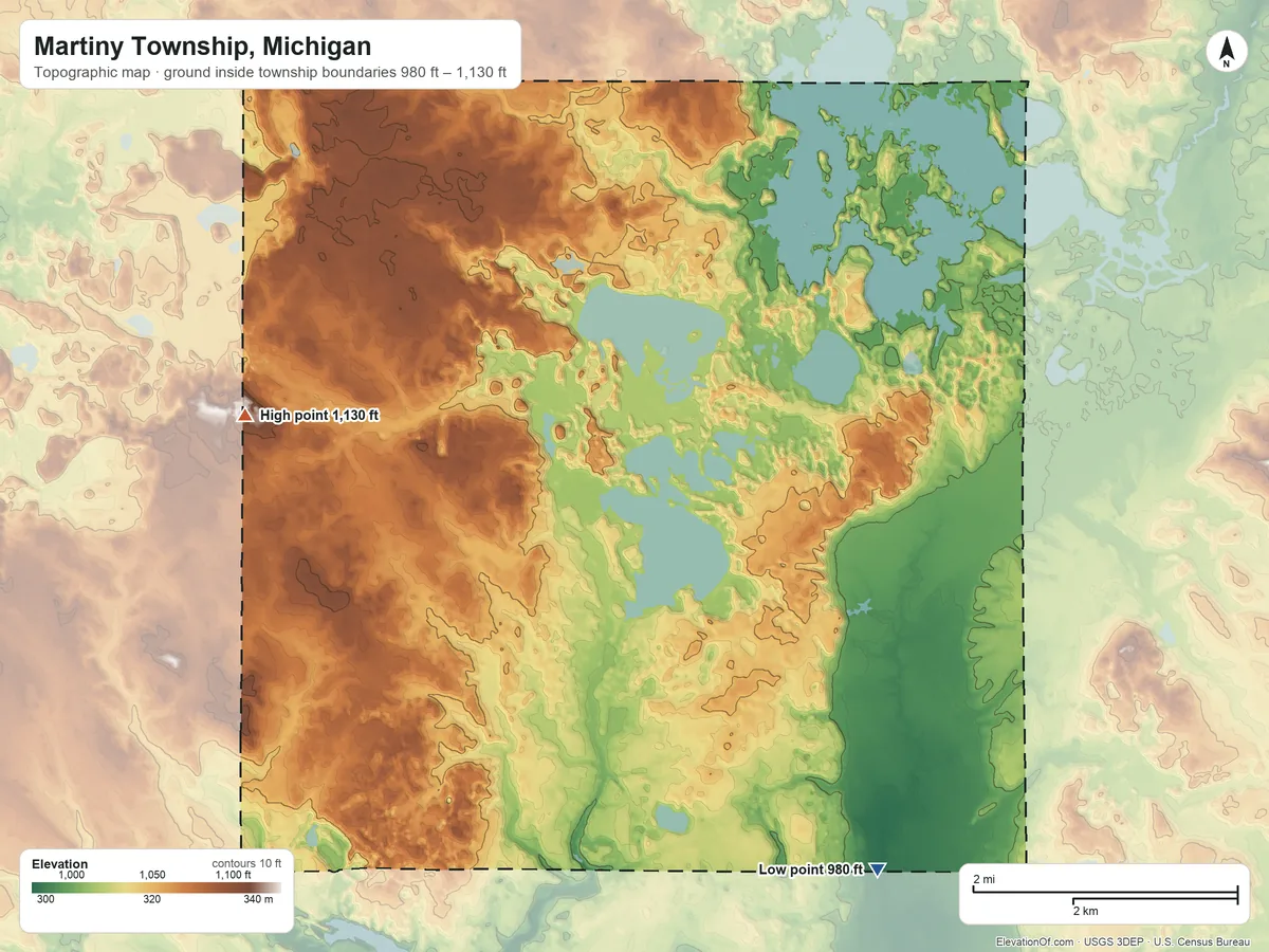 Topographic elevation map of Martiny Township, Michigan, shaded from 980 ft on the southeast side to 1,130 ft on the west side