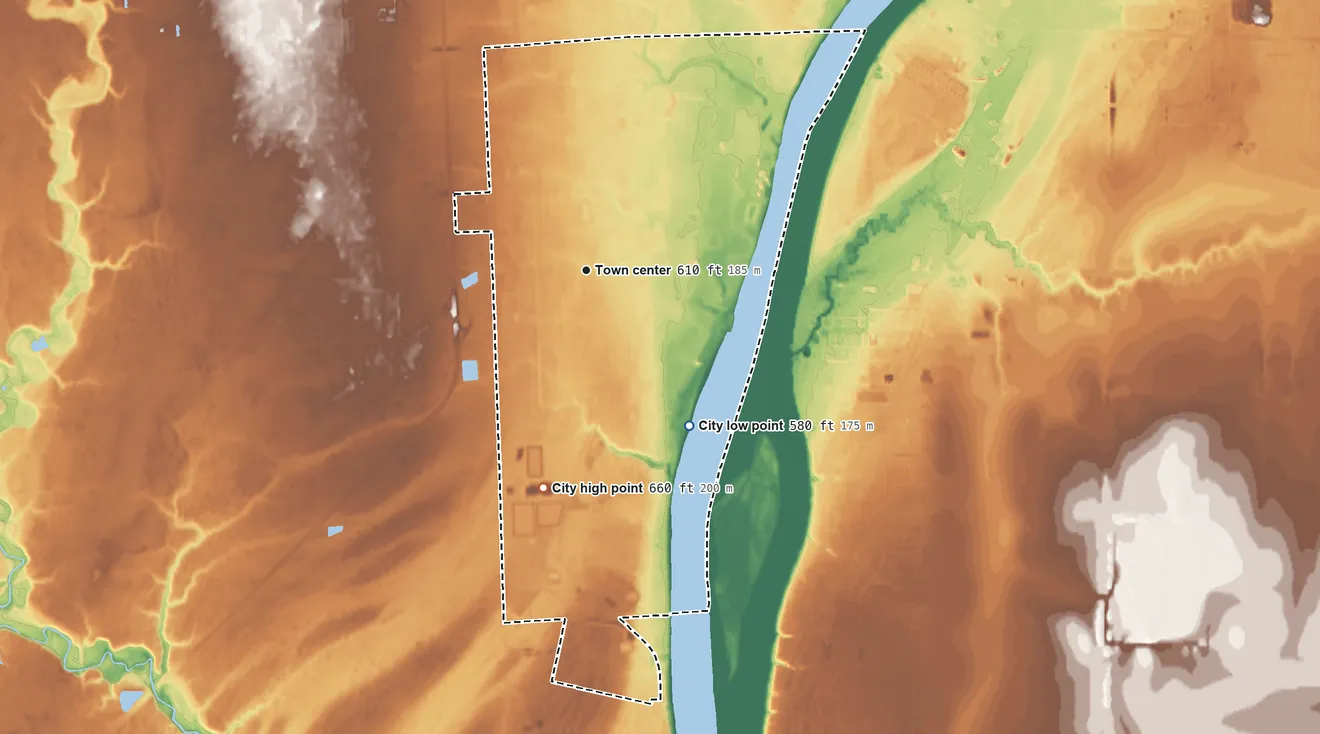 Topographic elevation map of Marysville, Michigan, shaded from 580 ft on the southeast side to 660 ft on the south side