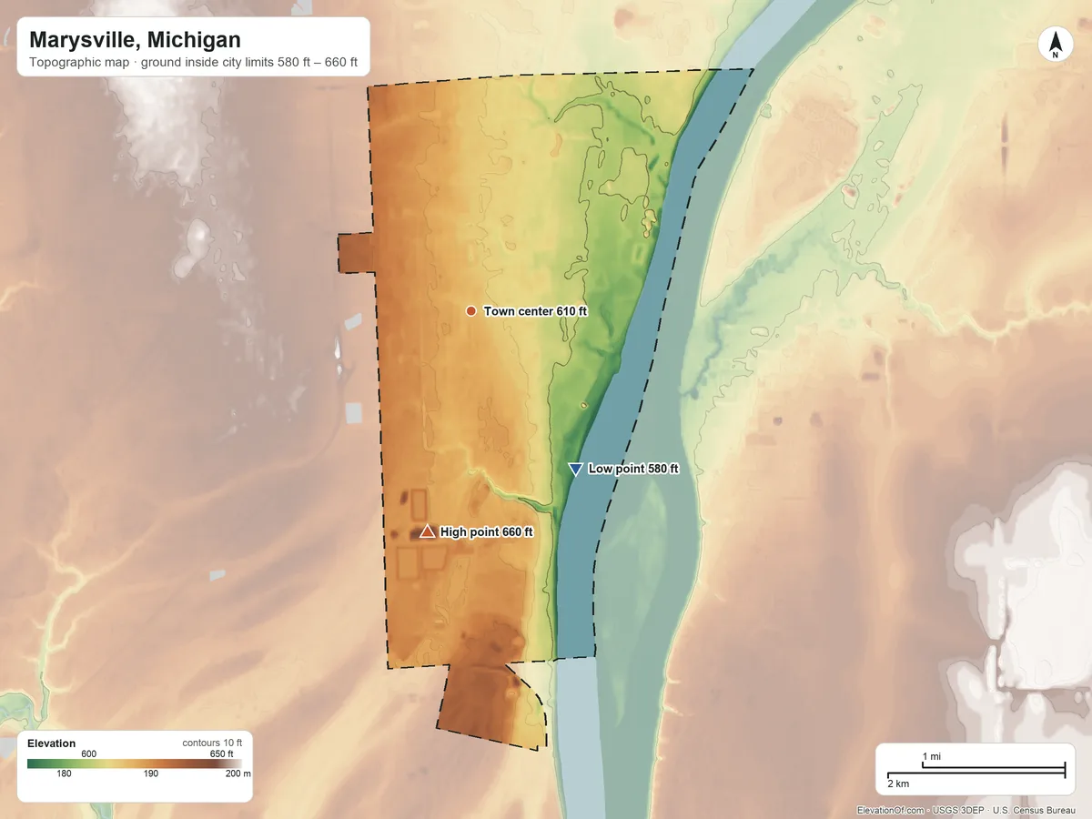 Topographic elevation map of Marysville, Michigan, shaded from 580 ft on the southeast side to 660 ft on the south side