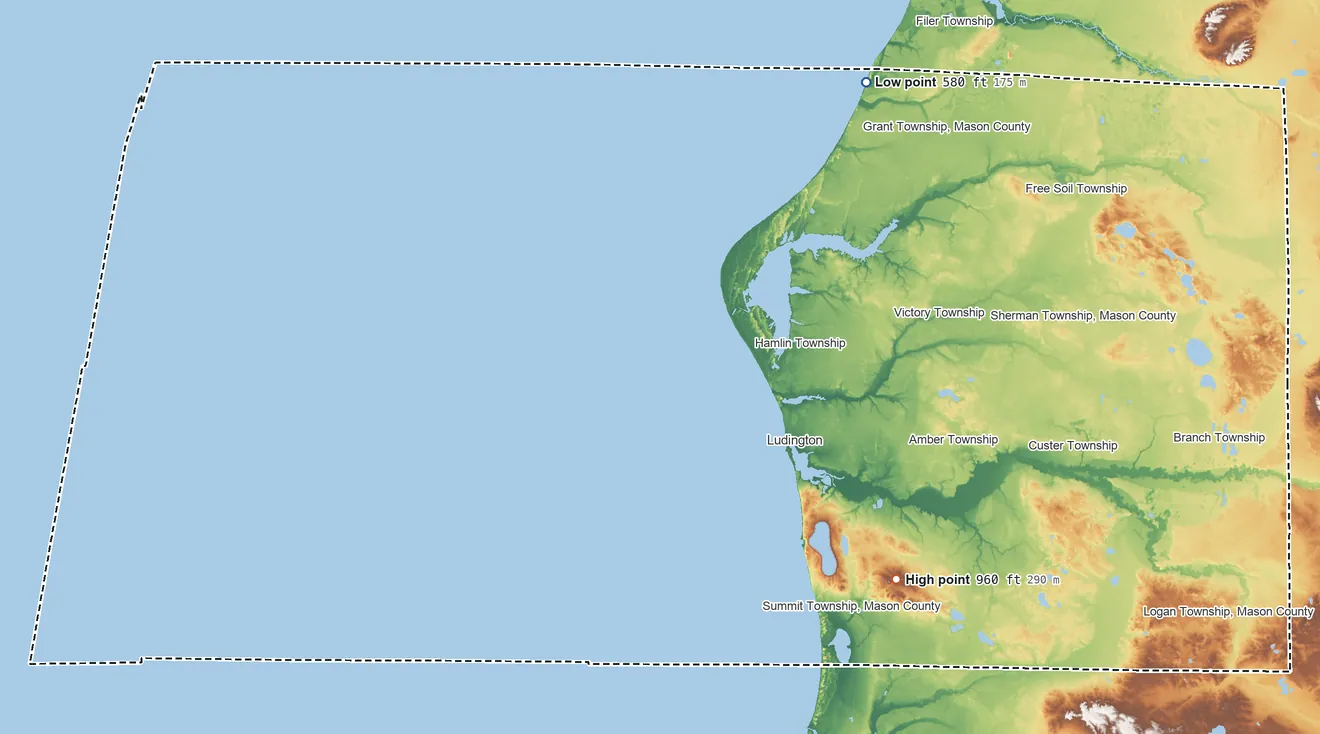 Topographic elevation map of Mason County, Michigan, shaded from 580 ft on the northeast side to 960 ft on the southeast side