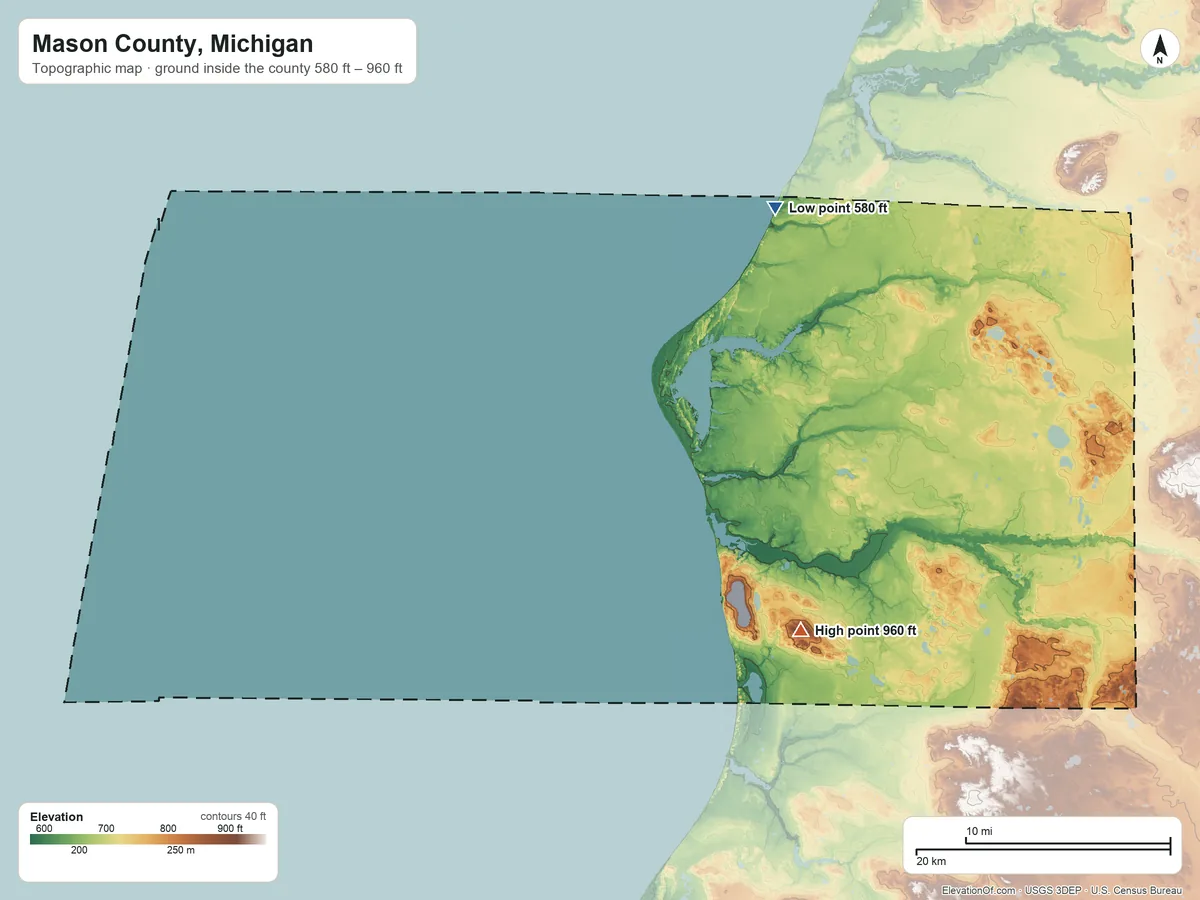 Topographic elevation map of Mason County, Michigan, shaded from 580 ft on the northeast side to 960 ft on the southeast side