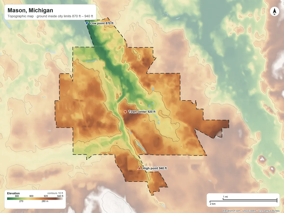 Topographic elevation map of Mason, Michigan, shaded from 870 ft on the northwest side to 940 ft on the south side