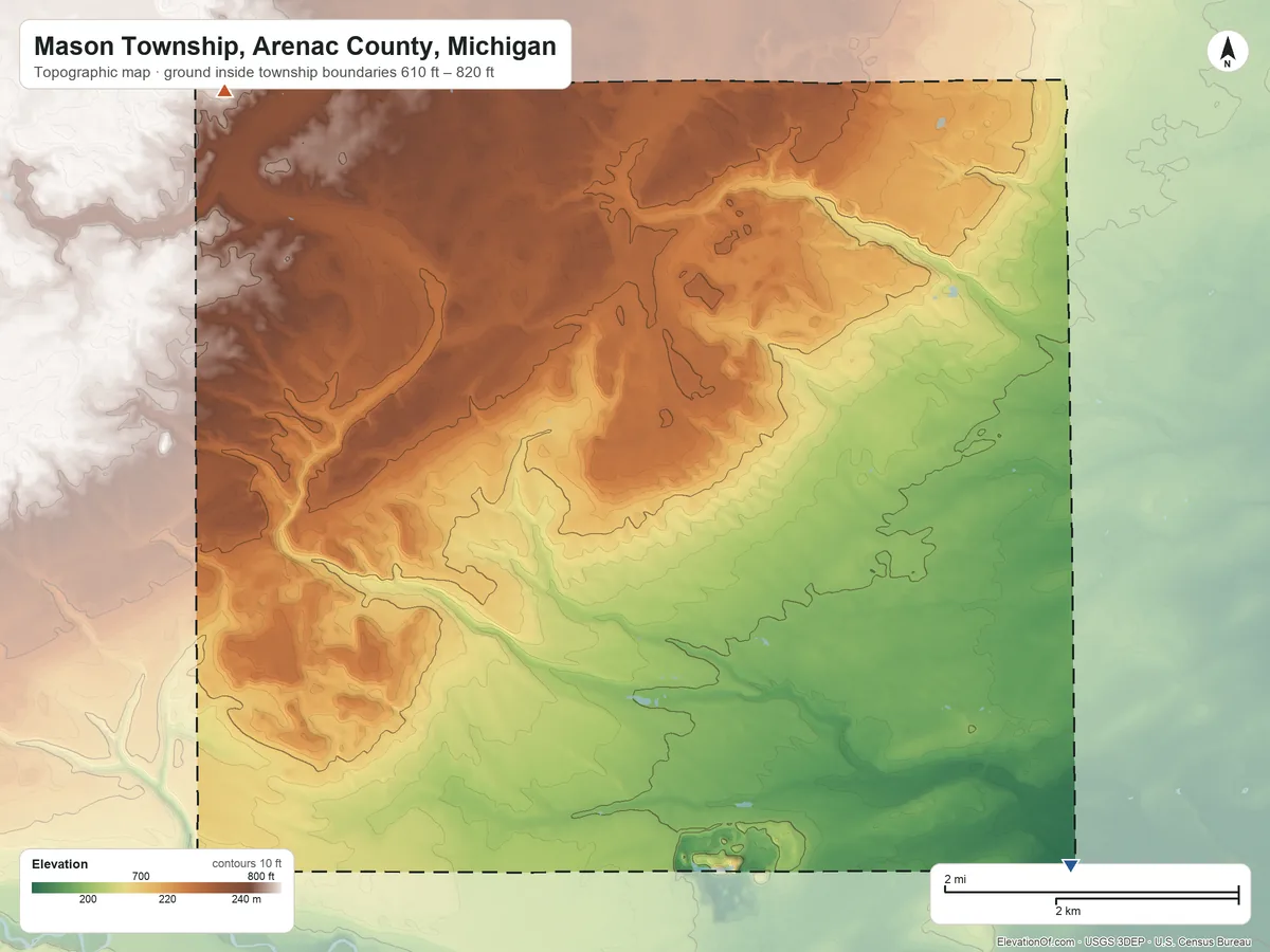 Topographic elevation map of Mason Township, Arenac County, Michigan, shaded from 610 ft on the southeast side to 820 ft on the northwest side