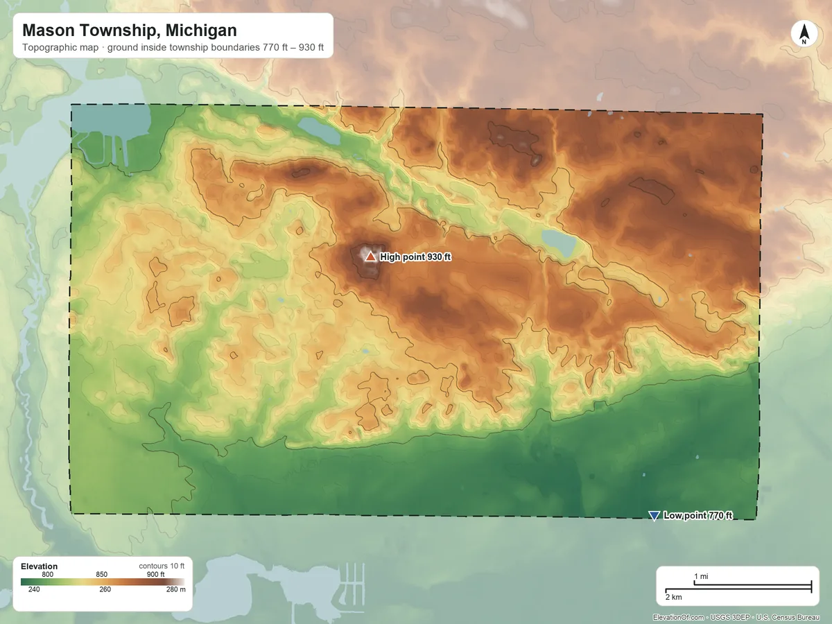 Topographic elevation map of Mason Township, Michigan, shaded from 770 ft on the southeast side to 930 ft on the north side