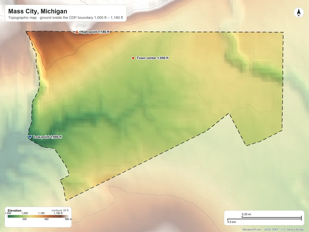 Topographic elevation map of Mass City, Michigan, shaded from 1,000 ft on the southwest side to 1,180 ft on the northwest side