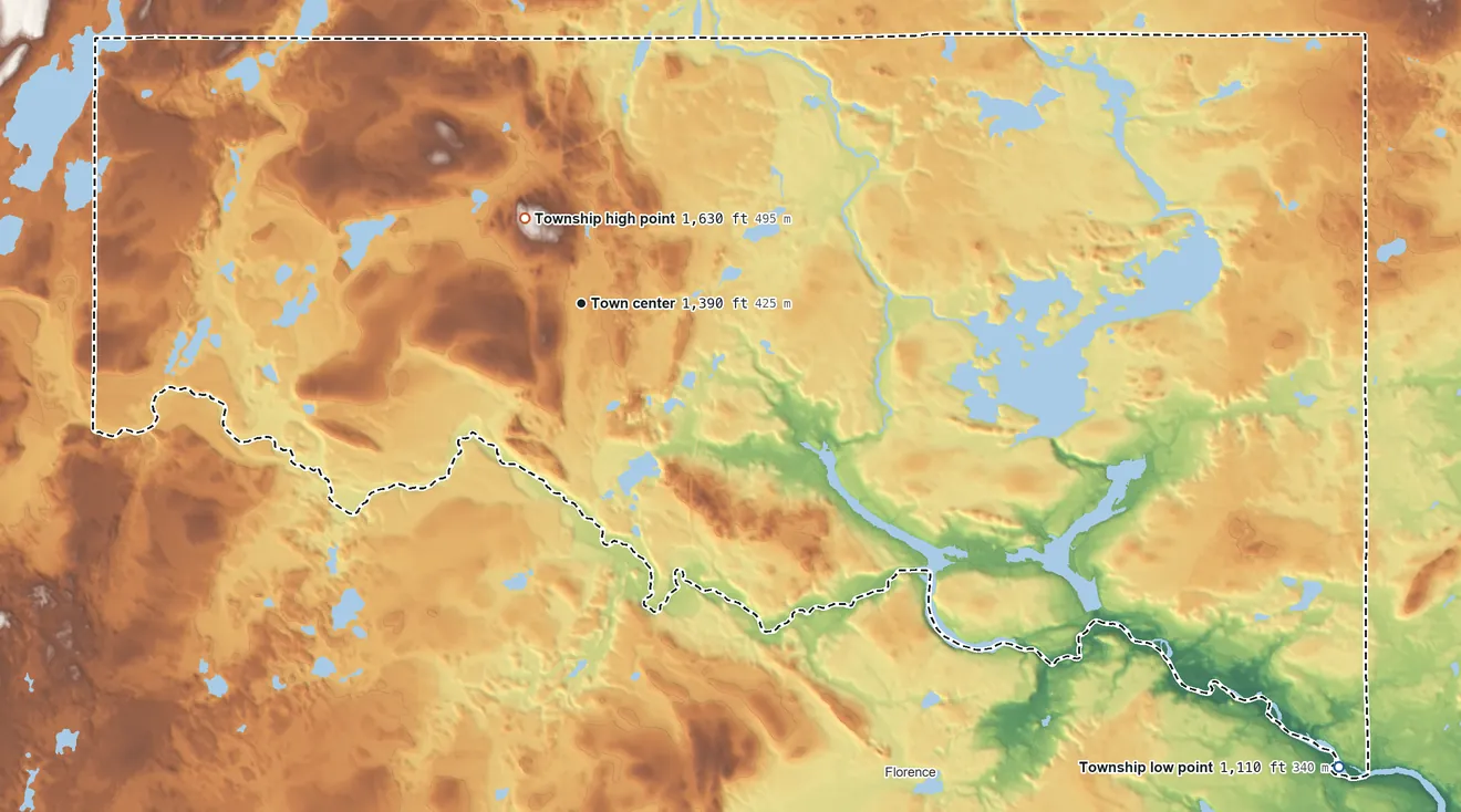 Topographic elevation map of Mastodon Township, Michigan, shaded from 1,110 ft on the southeast side to 1,630 ft near the middle