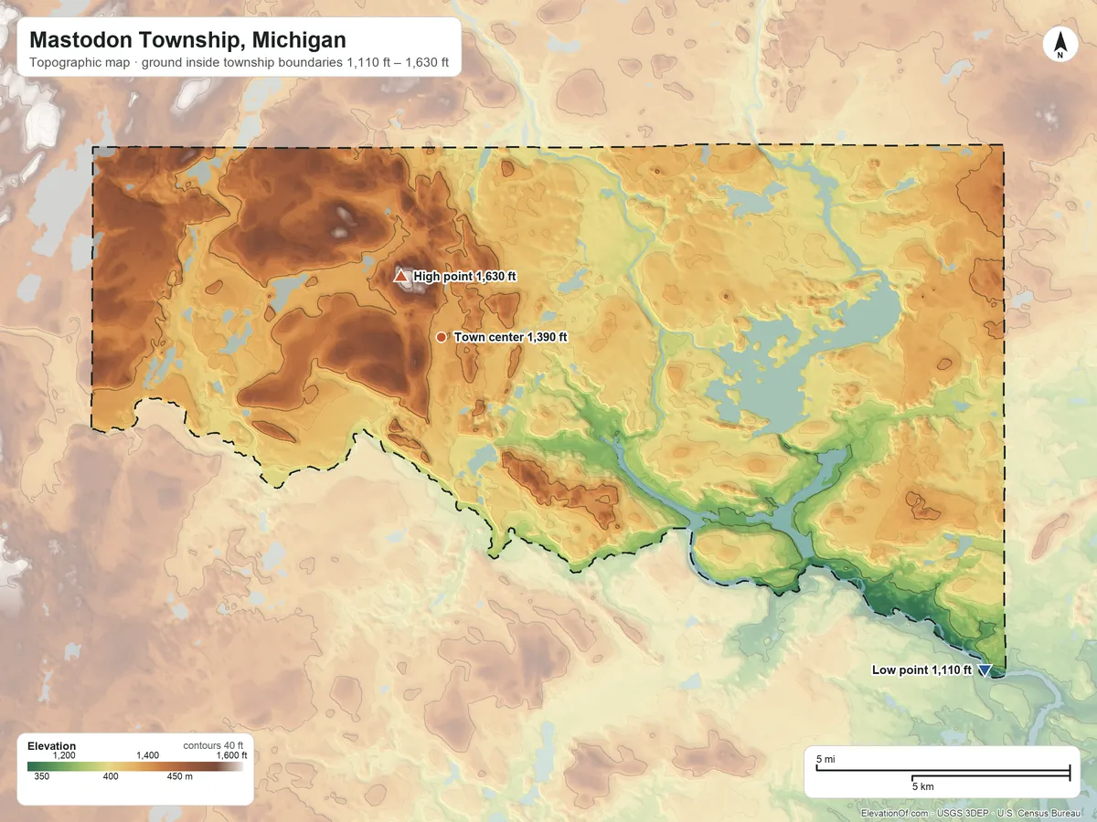 Topographic elevation map of Mastodon Township, Michigan, shaded from 1,110 ft on the southeast side to 1,630 ft near the middle