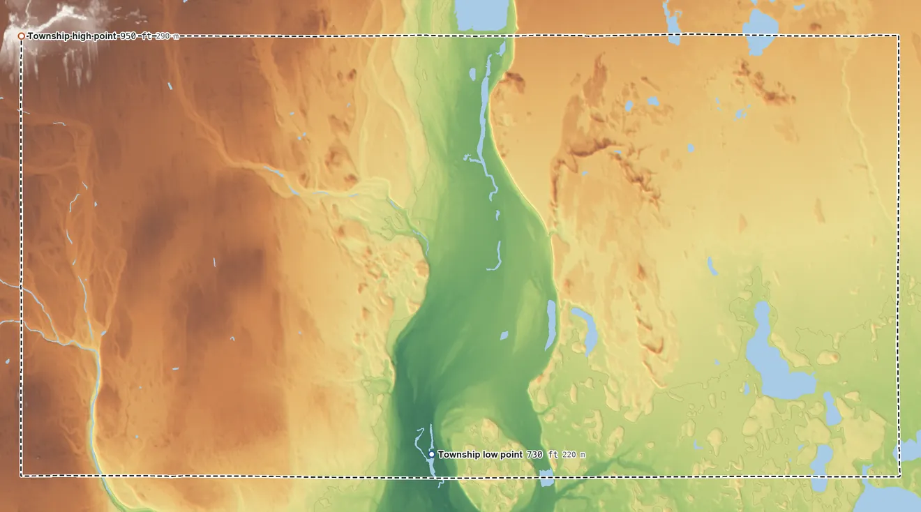 Topographic elevation map of Mathias Township, Michigan, shaded from 730 ft on the southeast side to 950 ft on the northwest side
