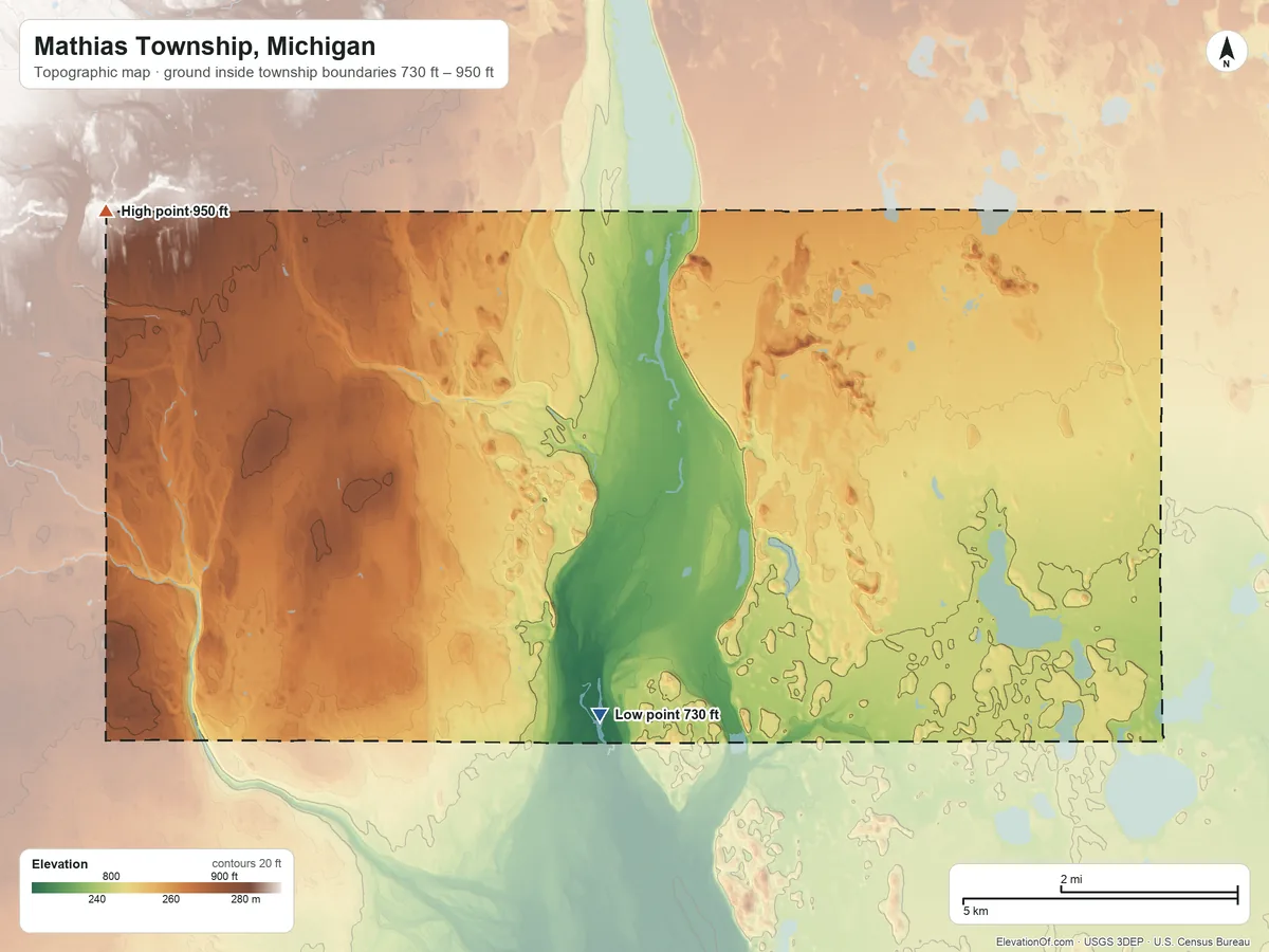 Topographic elevation map of Mathias Township, Michigan, shaded from 730 ft on the southeast side to 950 ft on the northwest side