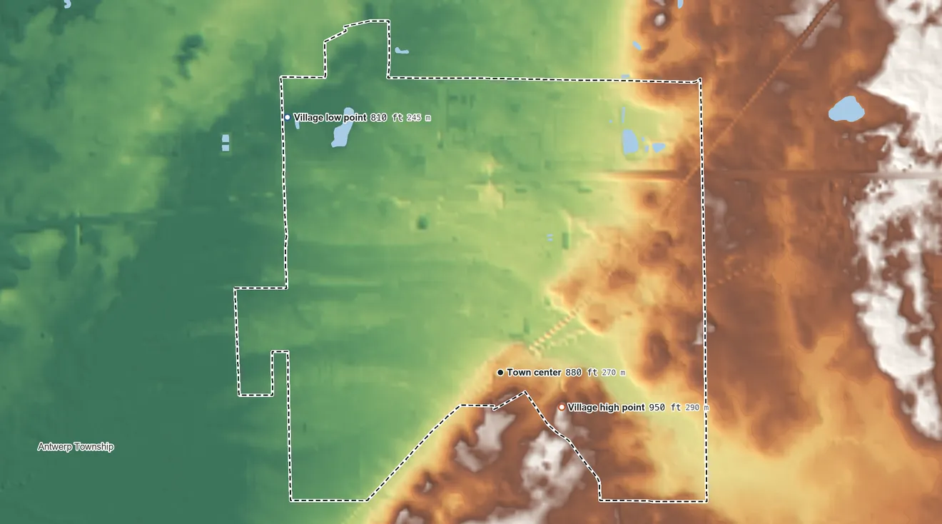 Topographic elevation map of Mattawan, Michigan, shaded from 810 ft on the northwest side to 950 ft on the southeast side