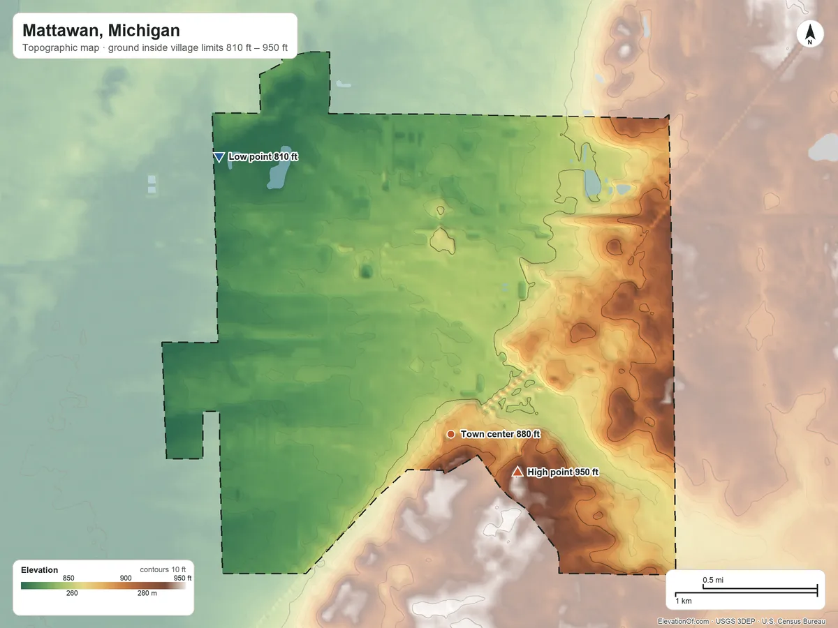 Topographic elevation map of Mattawan, Michigan, shaded from 810 ft on the northwest side to 950 ft on the southeast side