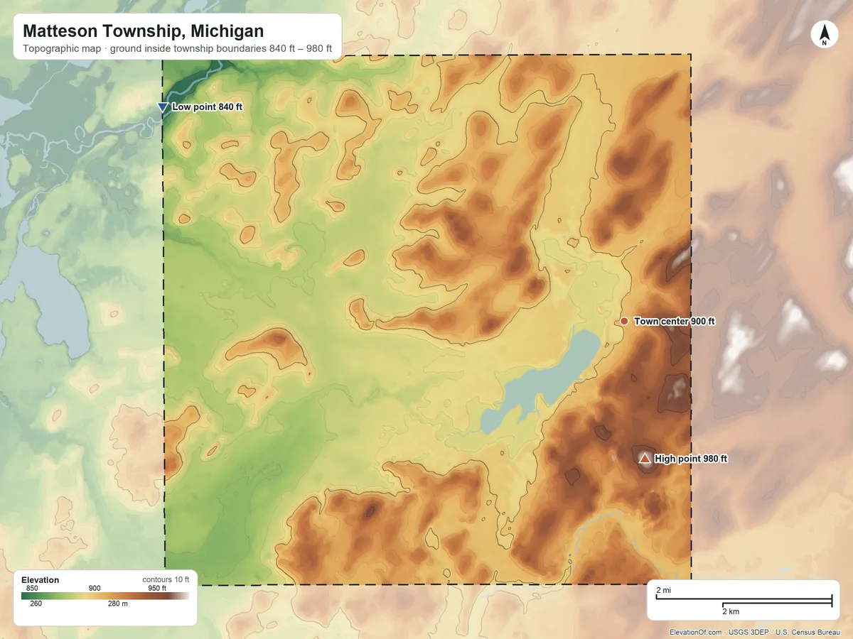 Topographic elevation map of Matteson Township, Michigan, shaded from 840 ft on the northwest side to 980 ft on the south side