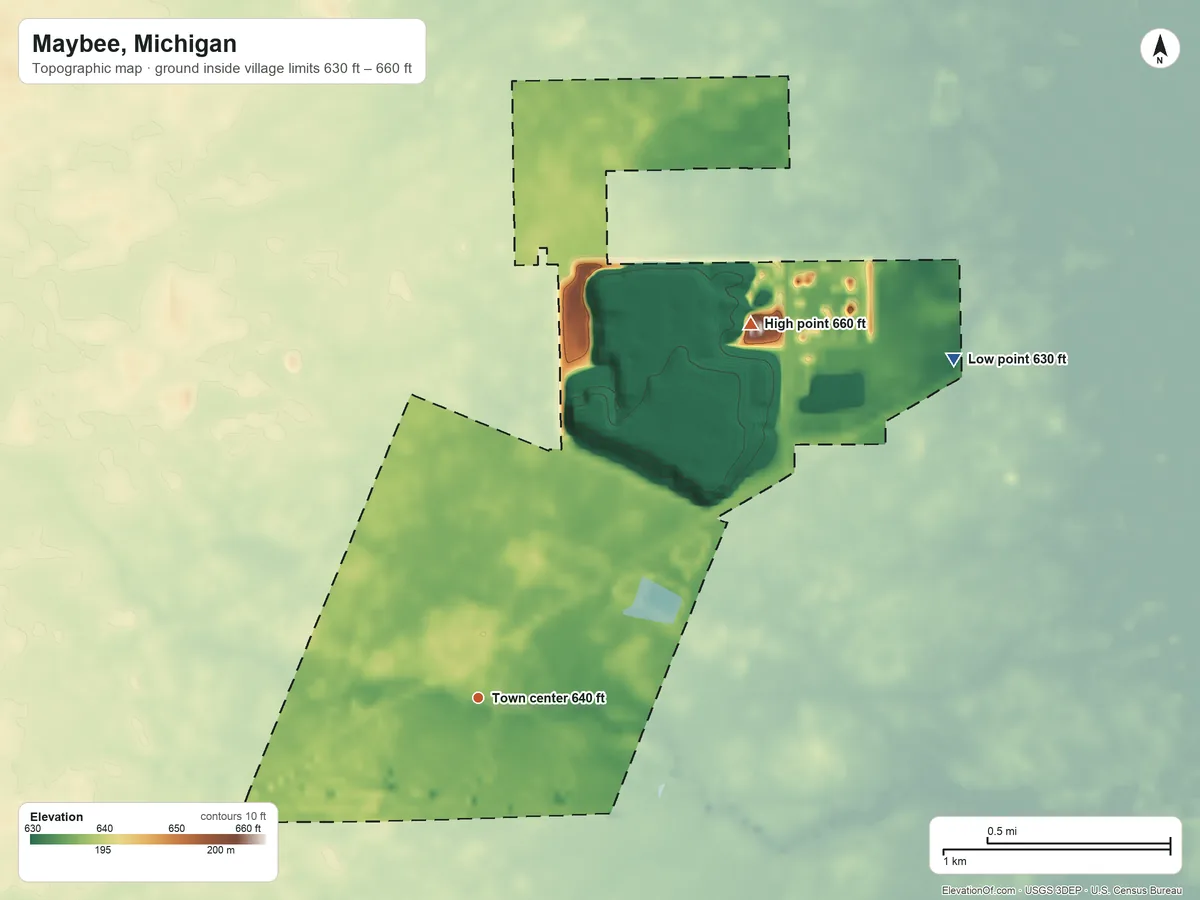 Topographic elevation map of Maybee, Michigan, shaded from 630 ft on the northeast side to 660 ft on the northeast side