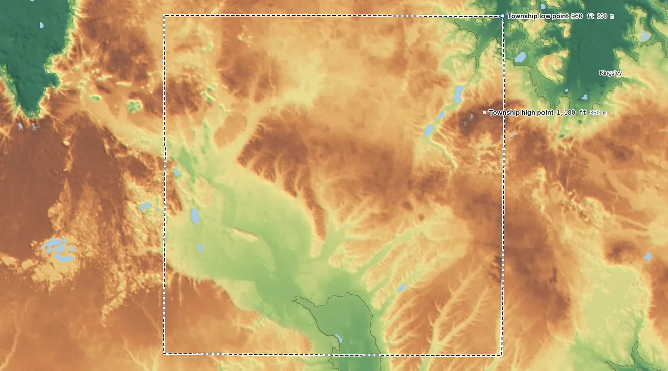 Topographic elevation map of Mayfield Township, Grand Traverse County, Michigan, shaded from 960 ft on the northeast side to 1,180 ft on the east side