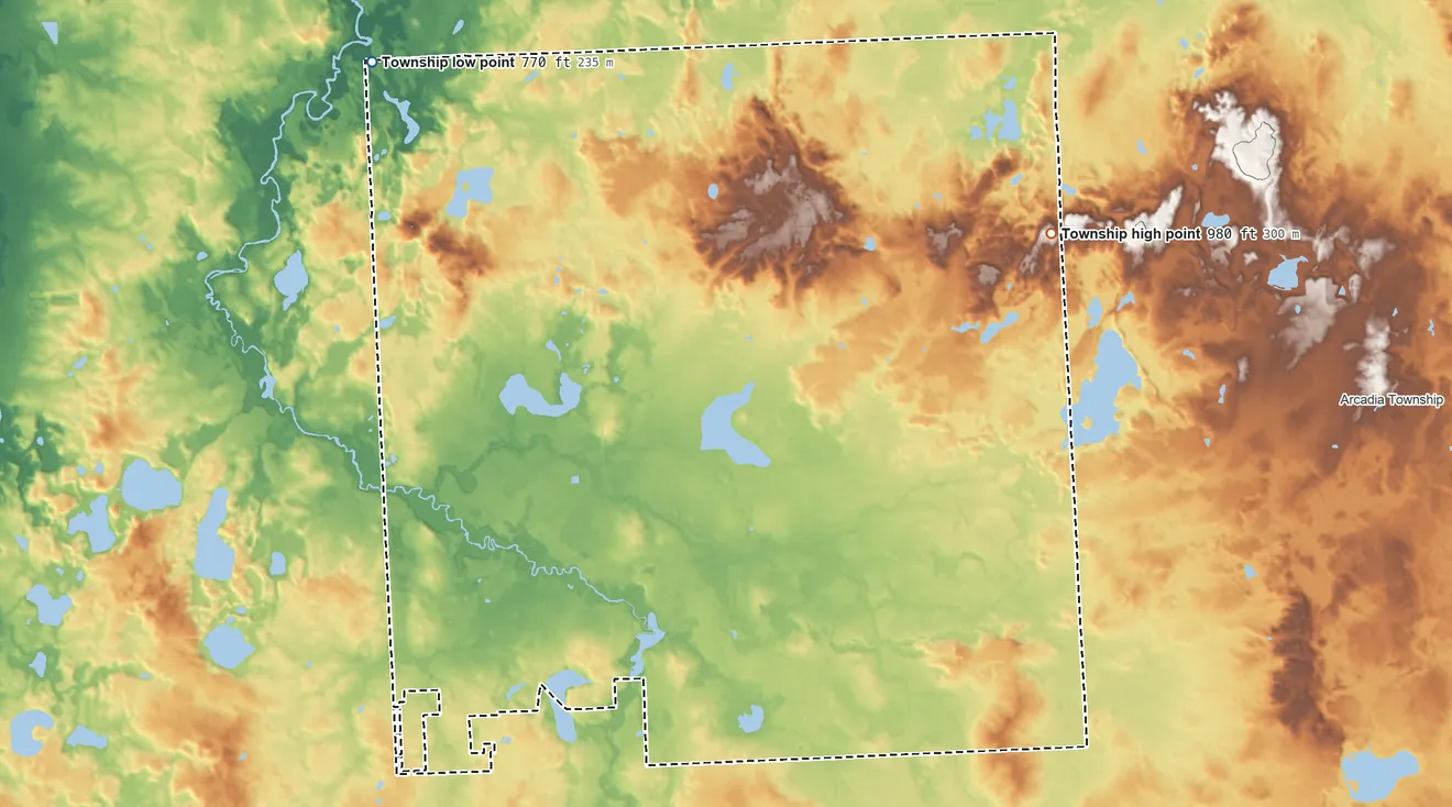 Topographic elevation map of Mayfield Township, Michigan, shaded from 770 ft on the northwest side to 980 ft on the northeast side