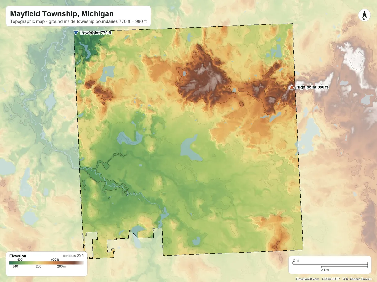 Topographic elevation map of Mayfield Township, Michigan, shaded from 770 ft on the northwest side to 980 ft on the northeast side