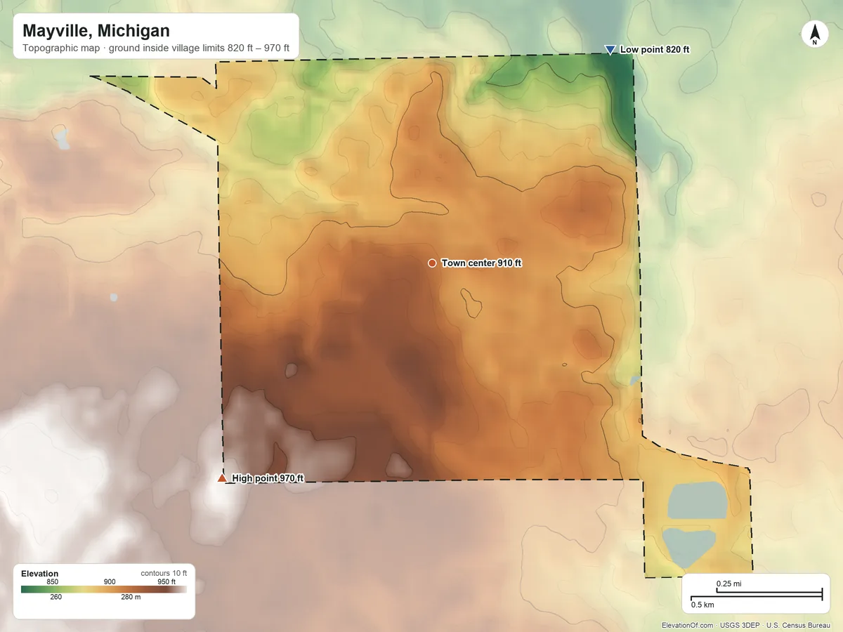 Topographic elevation map of Mayville, Michigan, shaded from 820 ft on the northeast side to 970 ft on the southwest side