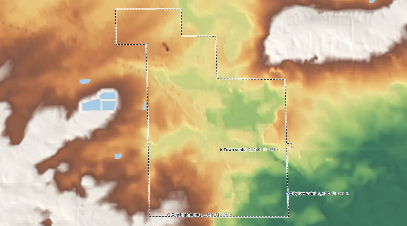 Topographic elevation map of McBain, Michigan, shaded from 1,200 ft on the southeast side to 1,300 ft on the southwest side