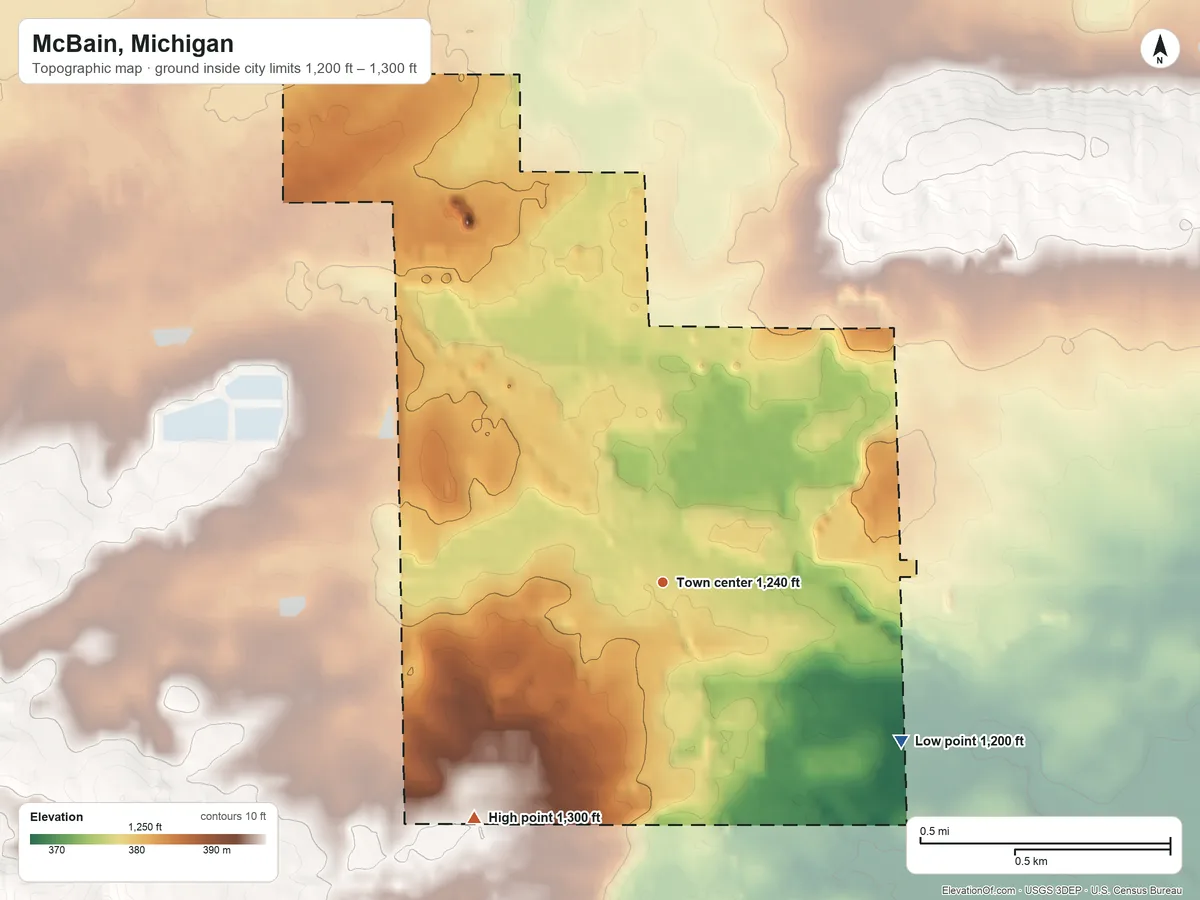 Topographic elevation map of McBain, Michigan, shaded from 1,200 ft on the southeast side to 1,300 ft on the southwest side