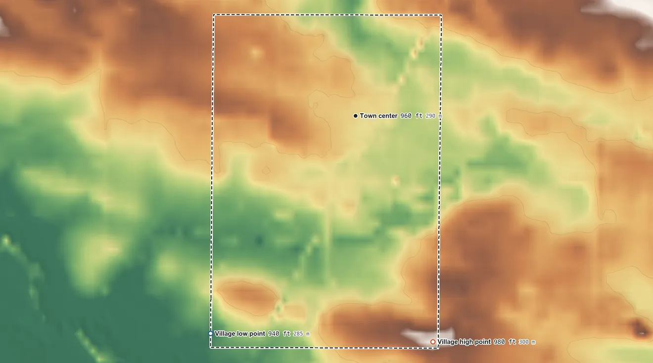 Topographic elevation map of McBride, Michigan, shaded from 940 ft on the southwest side to 980 ft on the south side