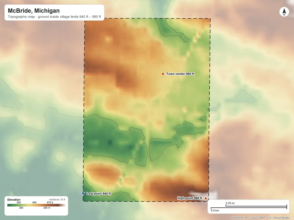 Topographic elevation map of McBride, Michigan, shaded from 940 ft on the southwest side to 980 ft on the south side