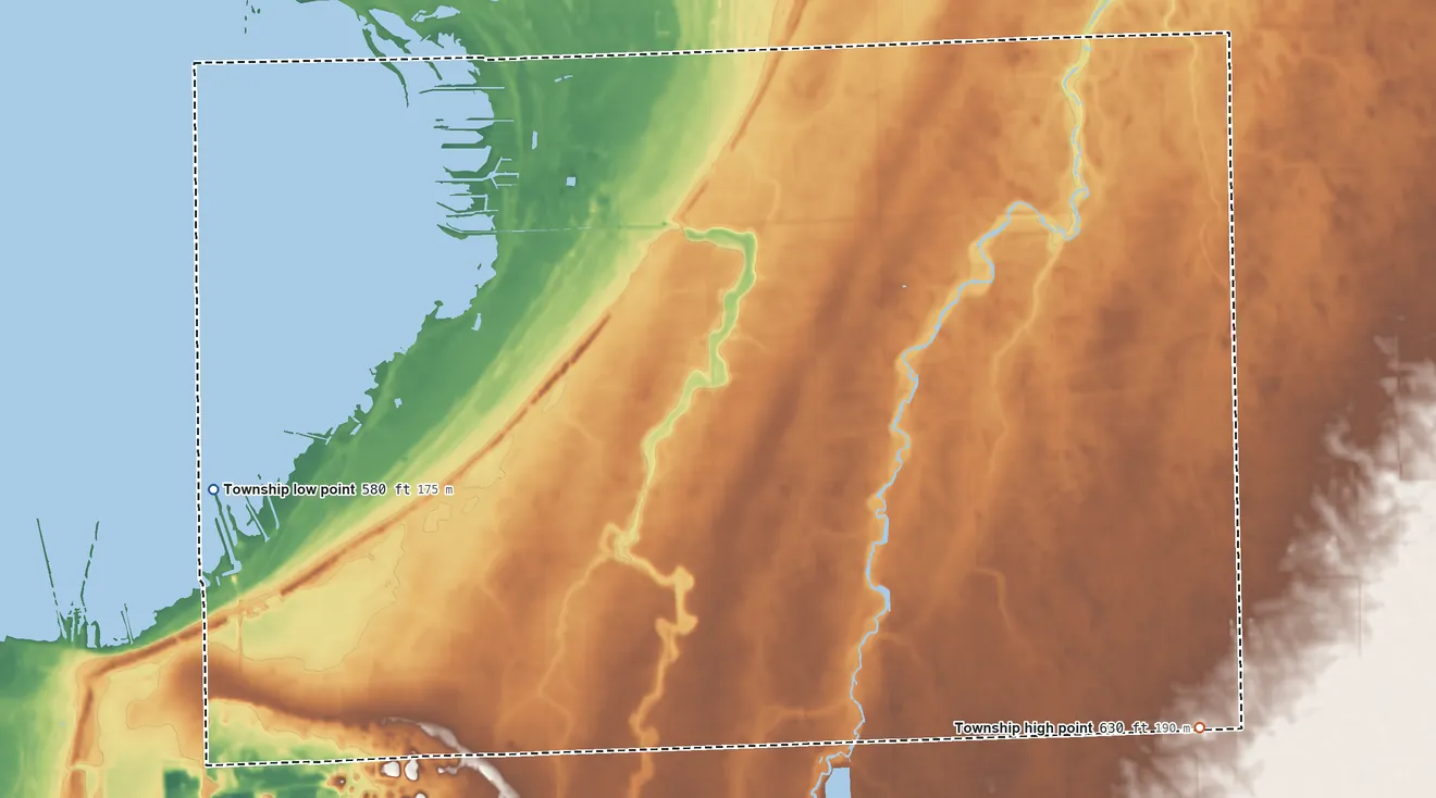 Topographic elevation map of McKinley Township, Huron County, Michigan, shaded from 580 ft on the west side to 630 ft on the southeast side