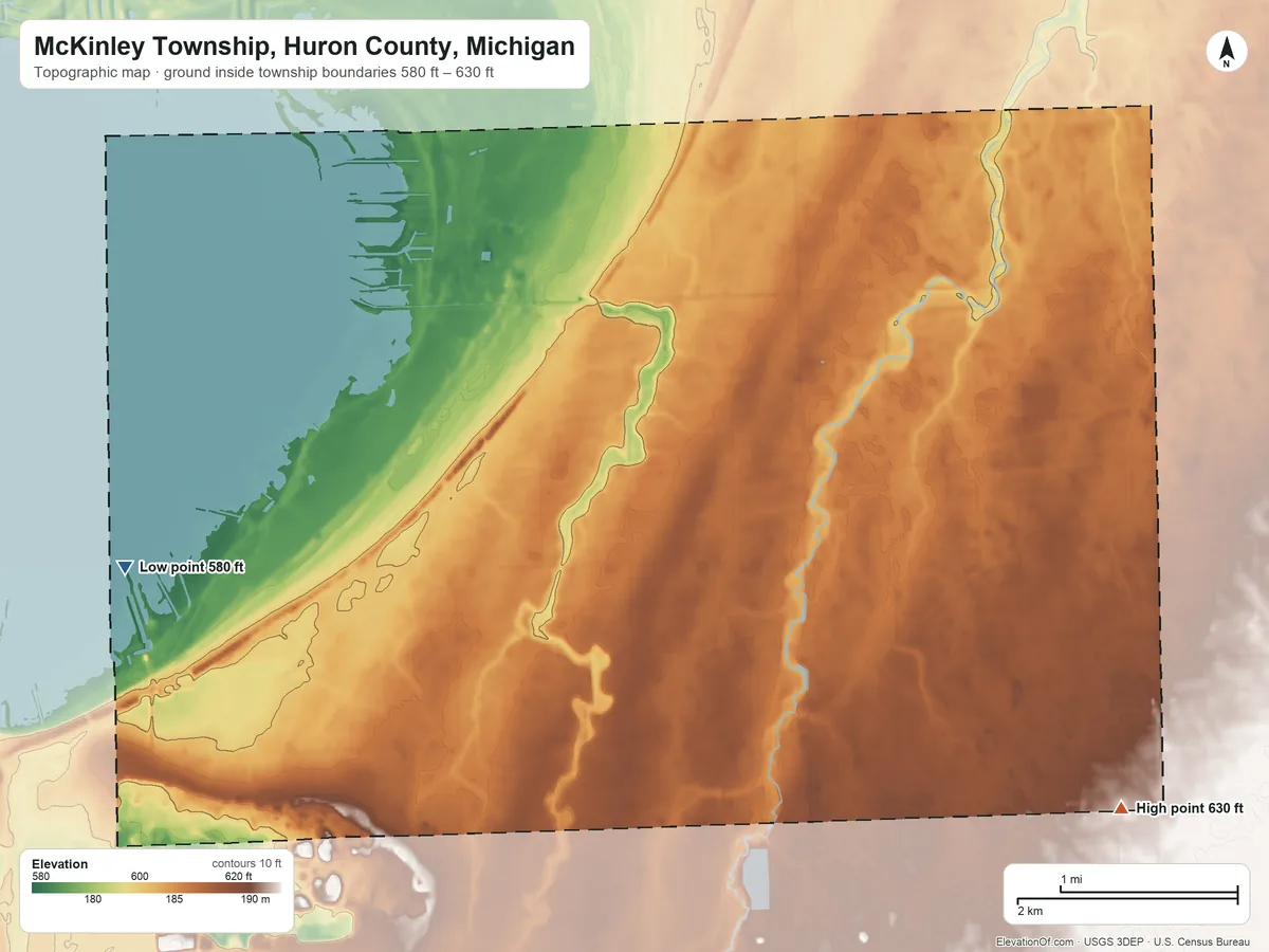 Topographic elevation map of McKinley Township, Huron County, Michigan, shaded from 580 ft on the west side to 630 ft on the southeast side