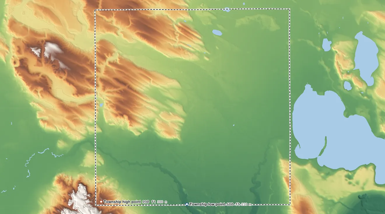 Topographic elevation map of McKinley Township, Michigan, shaded from 680 ft on the south side to 990 ft on the southwest side