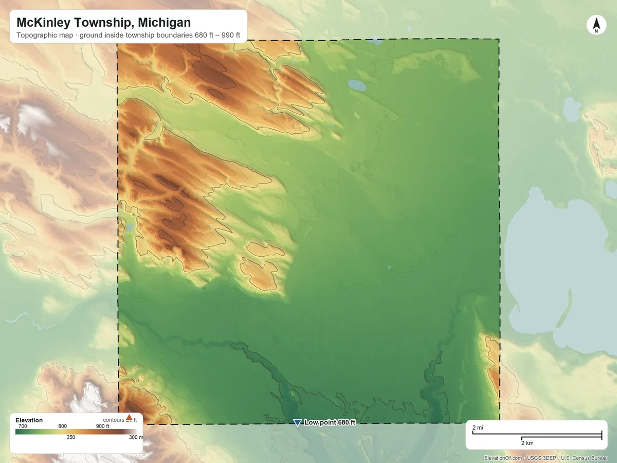 Topographic elevation map of McKinley Township, Michigan, shaded from 680 ft on the south side to 990 ft on the southwest side