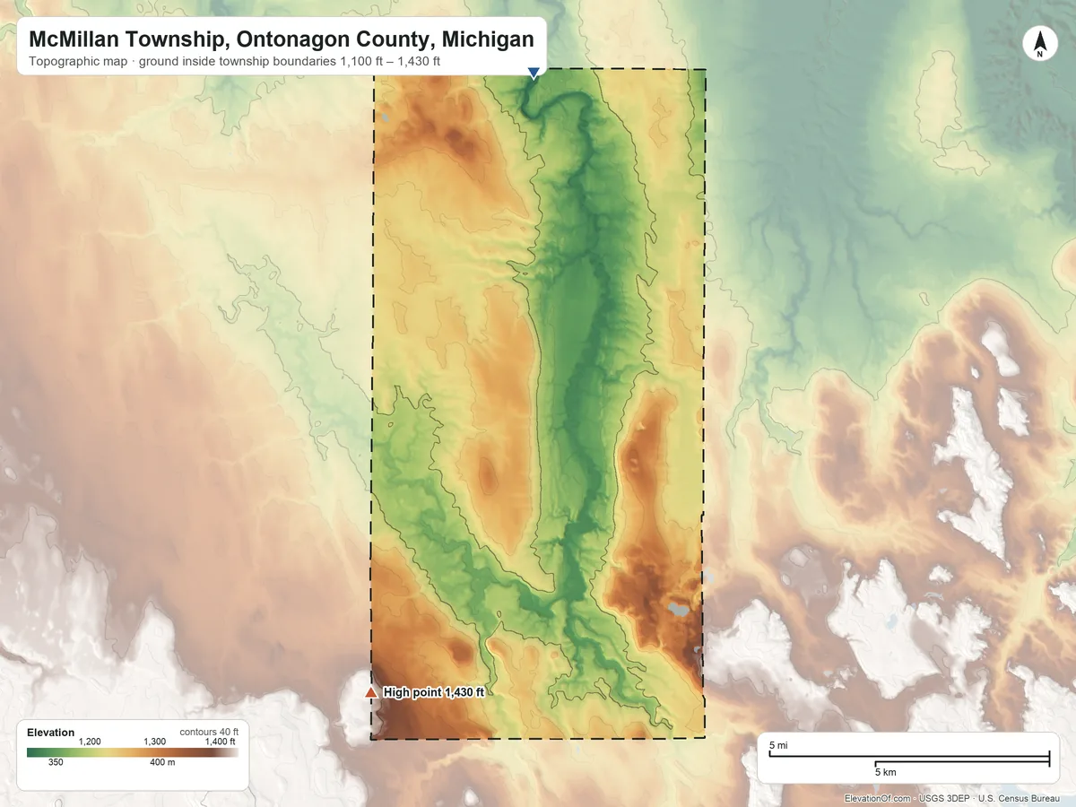 Topographic elevation map of McMillan Township, Ontonagon County, Michigan, shaded from 1,100 ft on the north side to 1,430 ft on the southwest side